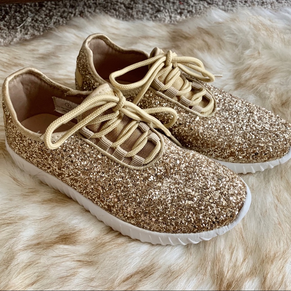 Prep Obsessed gold glitter tennis shoes